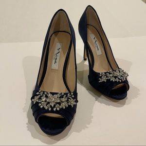 Nina Navy Blue Satin Open Toe Pumps